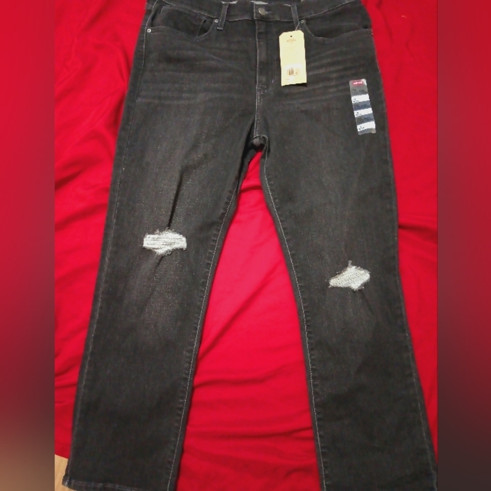 Levis 724 High Rise Straight Cropped Distressed Black Jeans, Size 16
